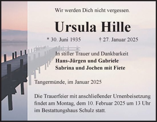 Traueranzeige von Ursula Hille von Volksstimme Altmark Ost