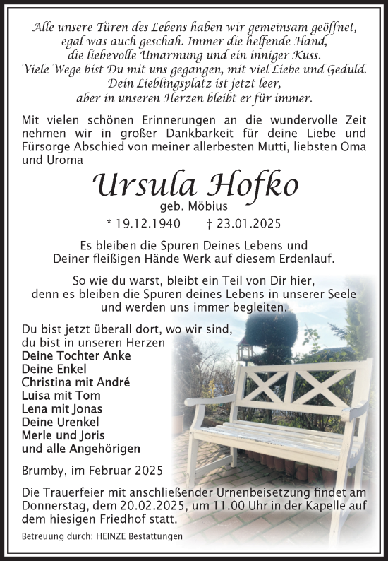 Traueranzeige von Ursula Hofko von Volksstimme Staßfurt