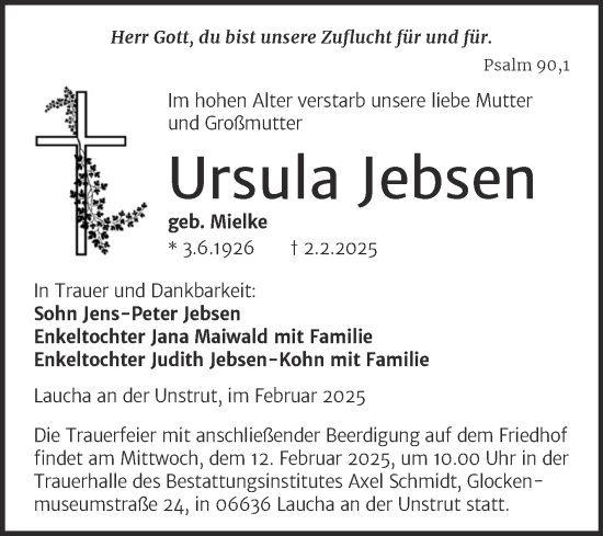 Traueranzeige von Ursula Jebsen von Naumburger Tageblatt