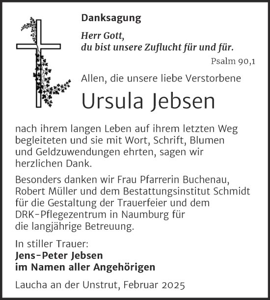 Traueranzeige von Ursula Jebsen von Super Sonntag Naumburg/Nebra
