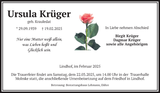 Traueranzeige von Ursula Krüger von Volksstimme Altmark West