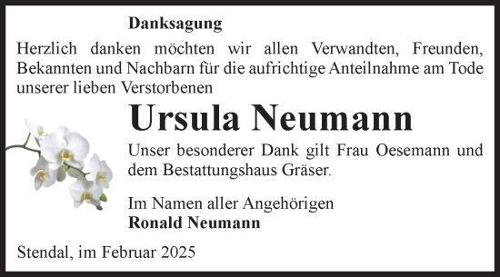 Traueranzeige von Ursula Neumann von Volksstimme Altmark Ost