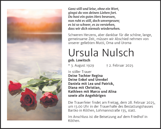 Traueranzeige von Ursula Nulsch von Trauerkombi Köthen