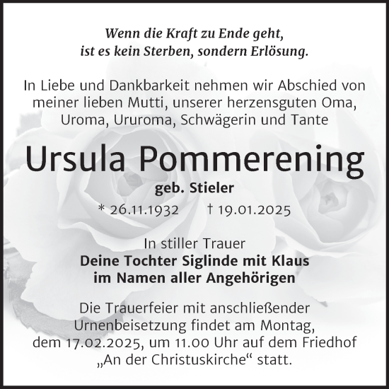 Traueranzeige von Ursula Pommerening von Trauerkombi Wittenberg