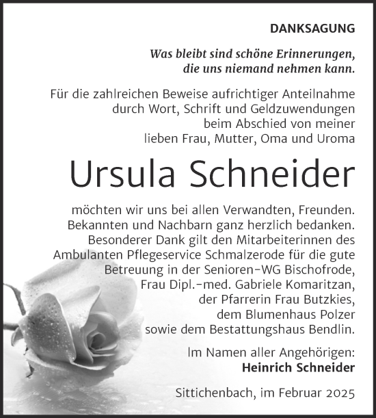 Traueranzeige von Ursula Schneider von Trauerkombi Mansfelder Land