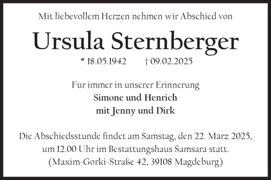 Traueranzeige von Ursula Sternberger von Volksstimme Magdeburg