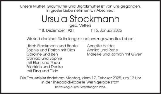 Traueranzeige von Ursula Stockmann von Volksstimme Wernigerode