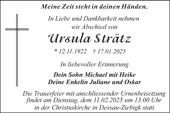 Traueranzeige von Ursula Strätz von Trauerkombi Dessau