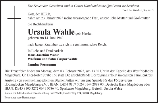 Traueranzeige von Ursula Wahle von Volksstimme Magdeburg