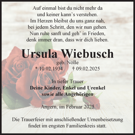 Traueranzeige von Ursula Wiebusch von Volksstimme Haldensleben/Wolmirstedt