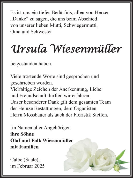 Traueranzeige von Ursula Wiesenmüller von Volksstimme Schönebeck