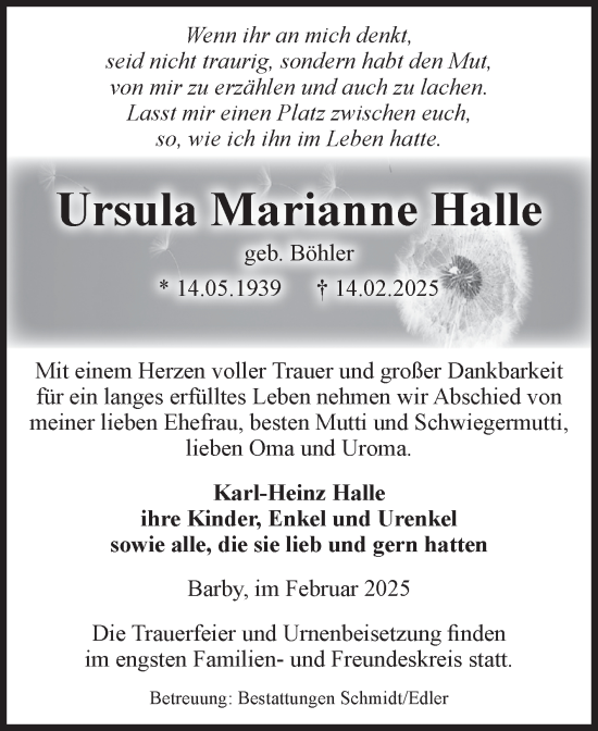 Traueranzeige von Ursula Marianne Halle von Volksstimme Schönebeck