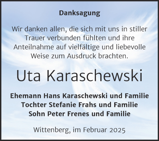 Traueranzeige von Uta Karaschewski von Trauerkombi Wittenberg