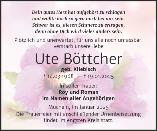 Traueranzeige von Ute Böttcher von Trauerkombi Merseburg