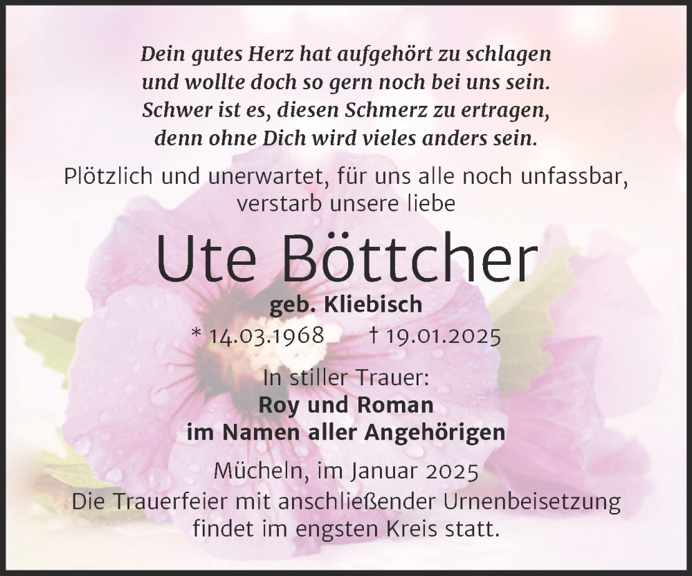  Traueranzeige für Ute Böttcher vom 01.02.2025 aus Trauerkombi Merseburg