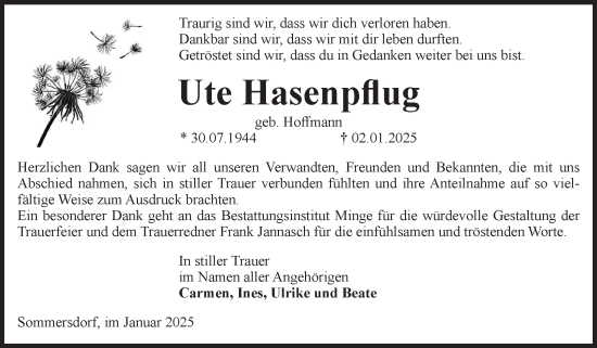 Traueranzeige von Ute Hasenpflug von Volksstimme Oschersleben/Wanzleben