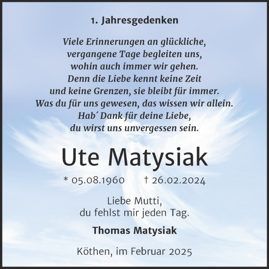 Traueranzeige von Ute Matysiak von Trauerkombi Köthen