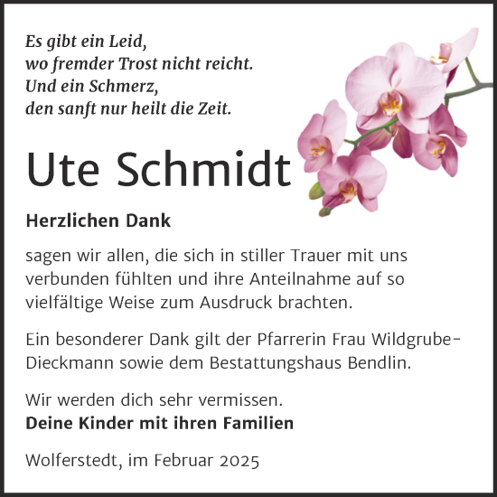 Traueranzeige von Ute Schmidt von Trauerkombi Sangerhausen