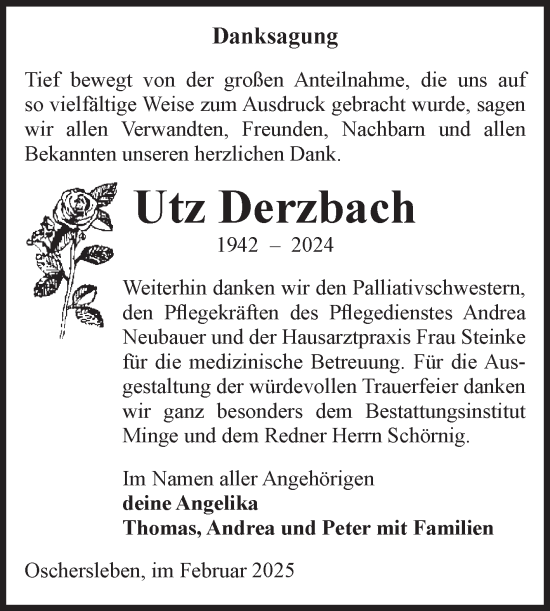 Traueranzeige von Utz Derzbach von Volksstimme Oschersleben/Wanzleben
