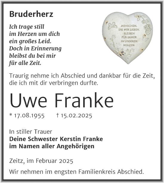 Traueranzeige von Uwe Franke von Trauerkombi Zeitz