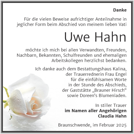Traueranzeige von Uwe Hahn von Trauerkombi Mansfelder Land