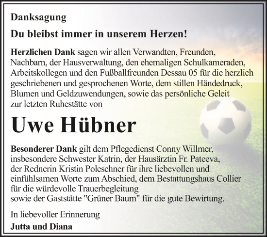 Traueranzeige von Uwe Hübner von Trauerkombi Dessau
