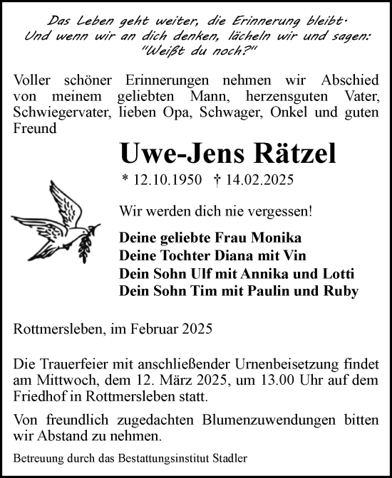 Traueranzeige von Uwe-Jens Rätzel von Volksstimme Haldensleben/Wolmirstedt