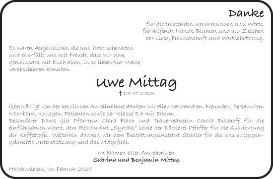 Traueranzeige von Uwe Mittag von Volksstimme Oschersleben/Wanzleben
