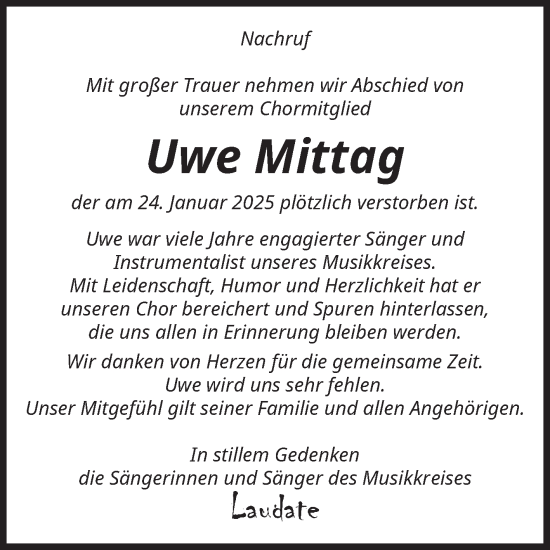 Traueranzeige von Uwe Mittag von Volksstimme Haldensleben/Wolmirstedt