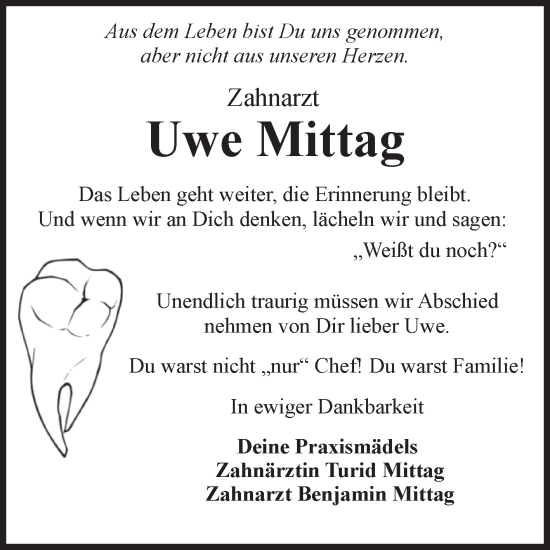 Traueranzeige von Uwe Mittag von Volksstimme Haldensleben/Wolmirstedt