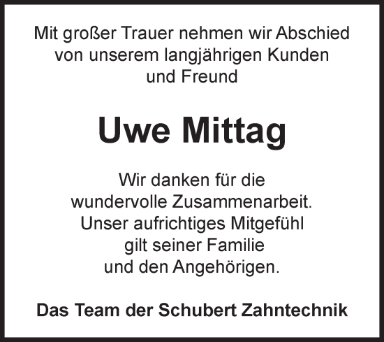 Traueranzeige von Uwe Mittag von Volksstimme Haldensleben/Wolmirstedt