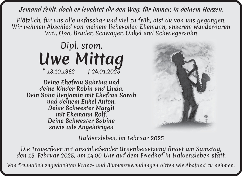  Traueranzeige für Uwe Mittag vom 08.02.2025 aus Volksstimme Oschersleben/Wanzleben