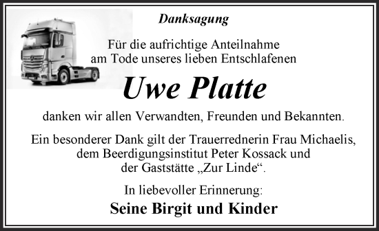 Traueranzeige von Uwe Platte von Trauerkombi Dessau