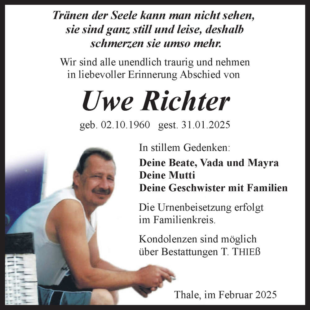  Traueranzeige für Uwe Richter vom 15.02.2025 aus Trauerkombi Quedlinburg
