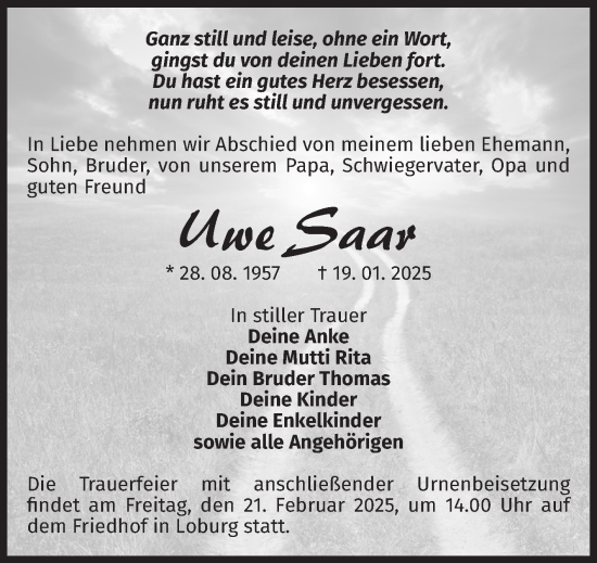 Traueranzeige von Uwe Saar von Volksstimme Zerbst