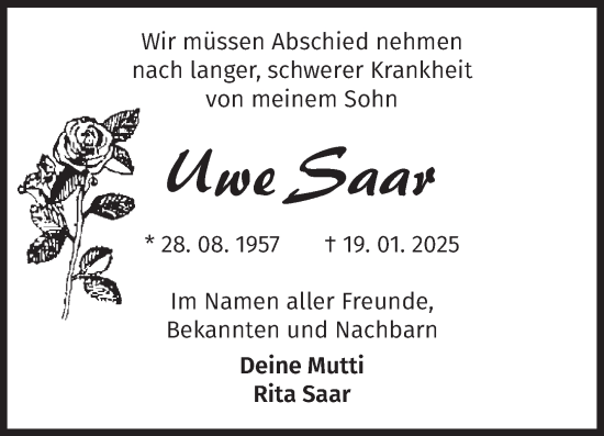 Traueranzeige von Uwe Saar von Volksstimme Magdeburg