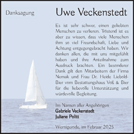 Traueranzeige von Uwe Veckenstedt von Volksstimme Wernigerode