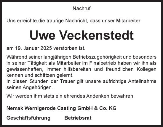 Traueranzeige von Uwe Veckenstedt von Volksstimme Wernigerode