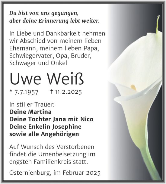 Traueranzeige von Uwe Weiß von Trauerkombi Köthen