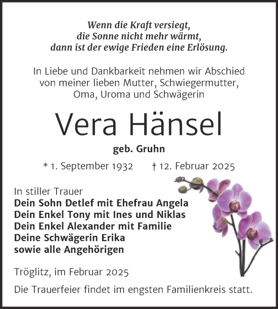 Traueranzeige von Vera Hänsel von Trauerkombi Zeitz