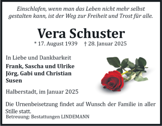 Traueranzeige von Vera Schuster von Volksstimme Halberstadt
