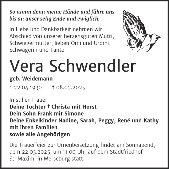 Traueranzeige von Vera Schwendler von Trauerkombi Merseburg