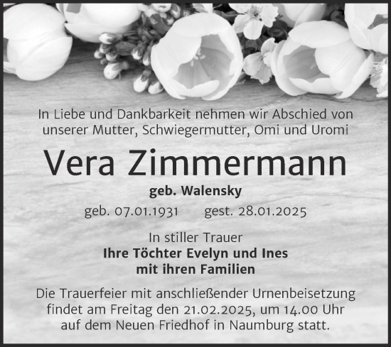 Traueranzeige von Vera Zimmermann von Super Sonntag Naumburg/Nebra