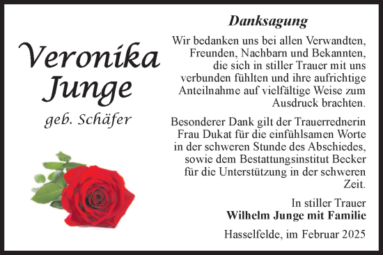 Traueranzeige von Veronika Junge von Volksstimme Wernigerode