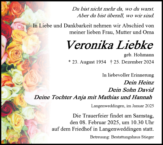 Traueranzeige von Veronika Liebke von Volksstimme Oschersleben/Wanzleben
