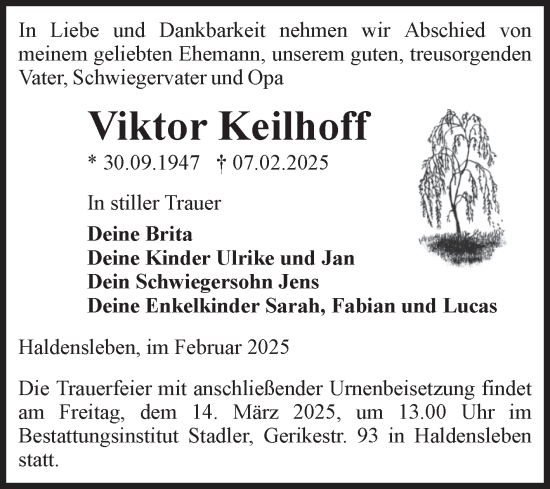 Traueranzeige von Viktor Keilhoff von Volksstimme Haldensleben/Wolmirstedt