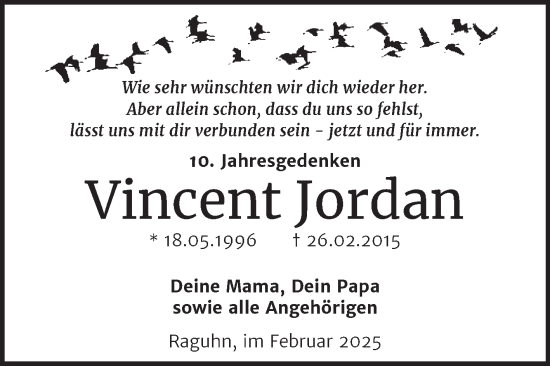 Traueranzeige von Vincent Jordan von Trauerkombi Bitterfeld