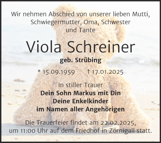 Traueranzeige von Viola Schreiner von Trauerkombi Wittenberg