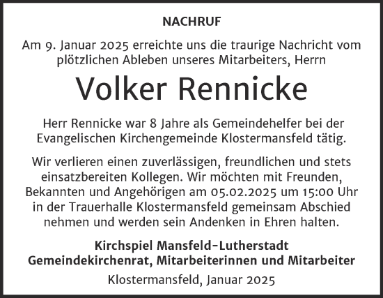 Traueranzeige von Volker Rennicke von Super Sonntag Mansfelder Land
