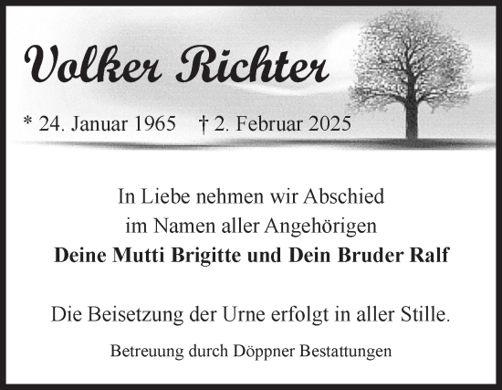 Traueranzeige von Volker Richter von Volksstimme Haldensleben/Wolmirstedt